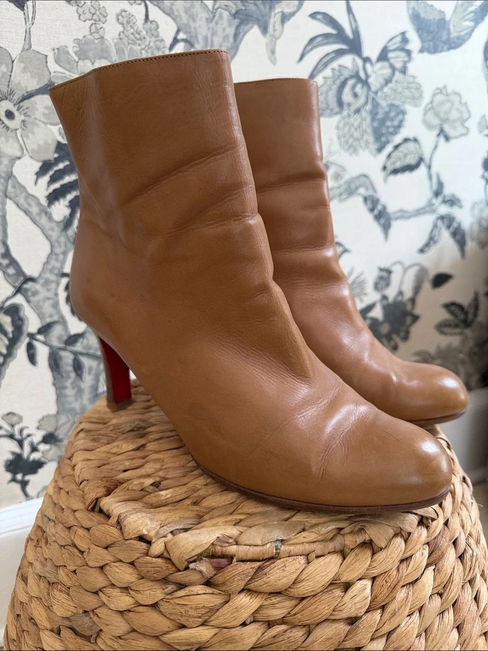 Christian Louboutin Women’s Leather Ankle Boots in Cognac with Red bottom